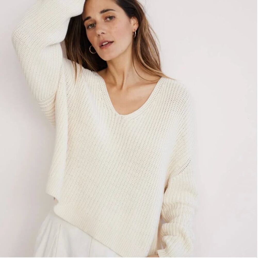 Jenni Kayne Cropped Cotton Cabin Ivory Knit Sweater NWT Size L